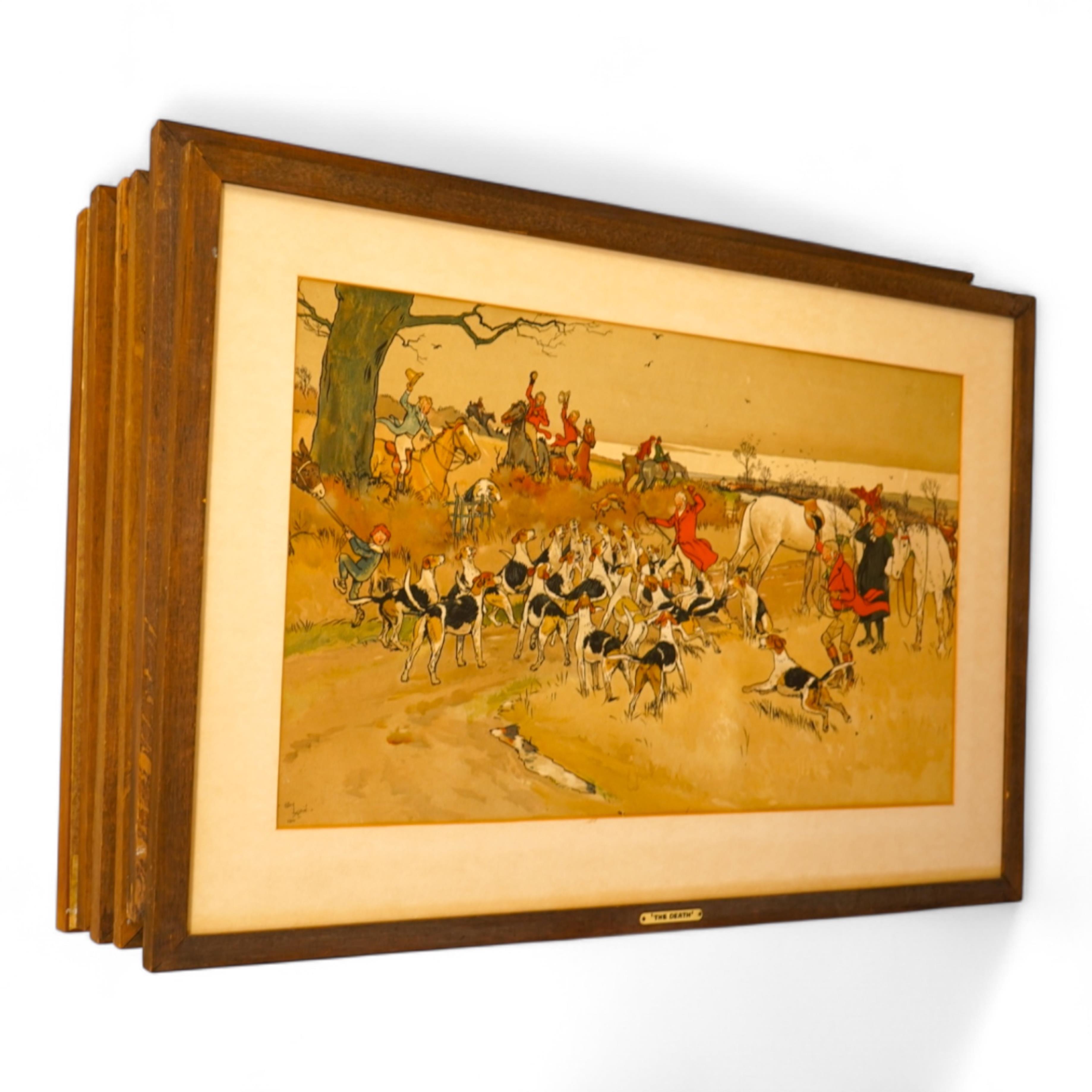 After Cecil Aldin (1870-1935), set of six colour hunting interest prints, to include 'Breaking cover', 'The Breakfast' and 'Full Cry', 37 x 60cm